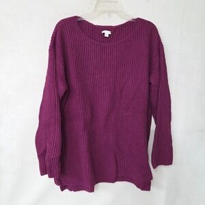 J JILL Burgundy Ribbed Knit Cotton Wool Blend Long Sleeve Tunic Sweater Women L